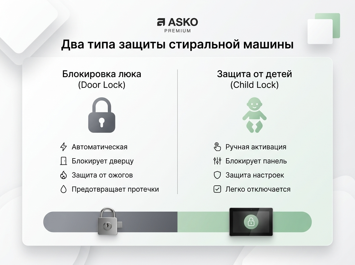 Два типа защиты стиральной машины от детей ASKO