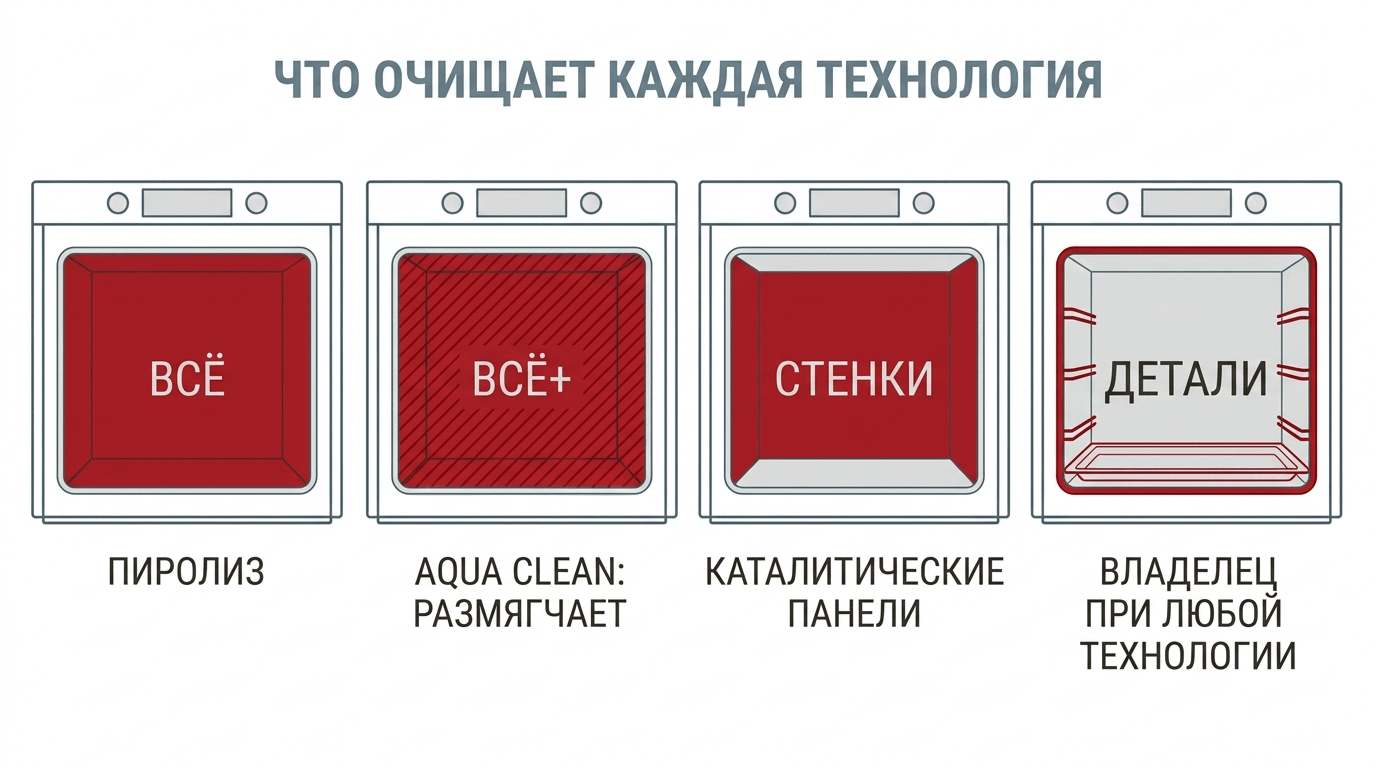 Схема: что очищает каждая технология очистки духового шкафа